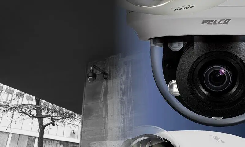 Fachada con cámaras de vigilancia y detalle de cámara de seguridad